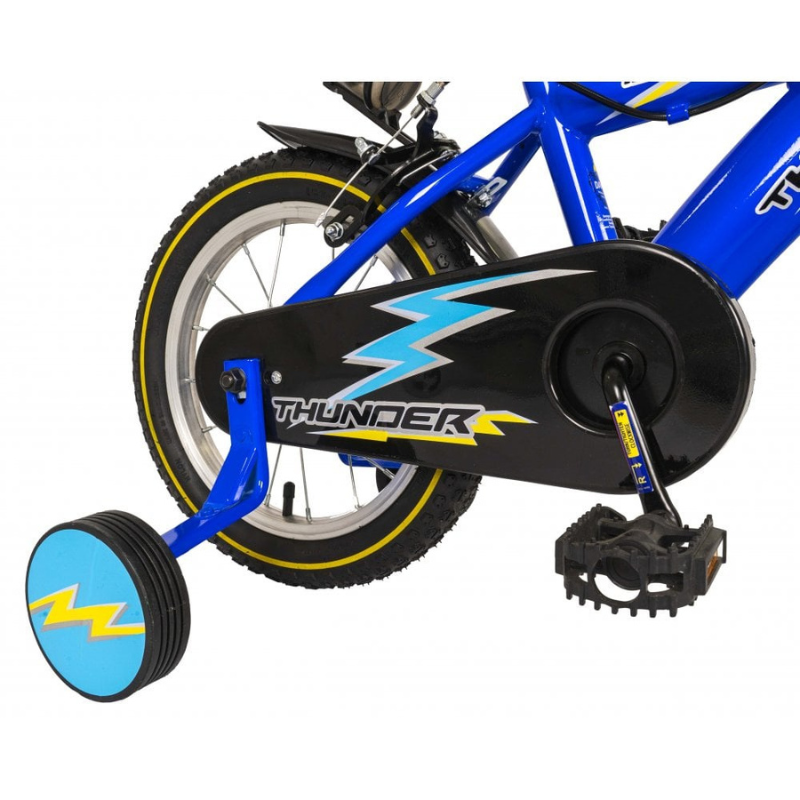 Blue children's bicycle with training wheels on a white background
