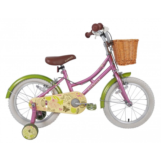 Elswick Hope Childrens Heritage bicycle with basket  in pink and gree withwhite backgrounbd