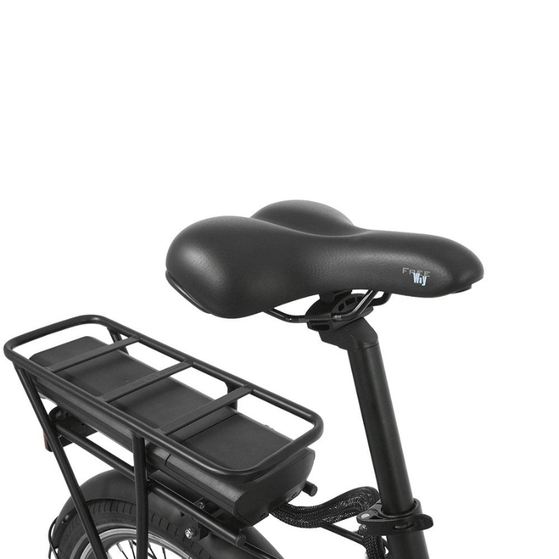Black bicycle seat with a rear rack on a white background