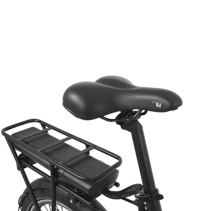 Black bicycle seat with a rear rack on a white background