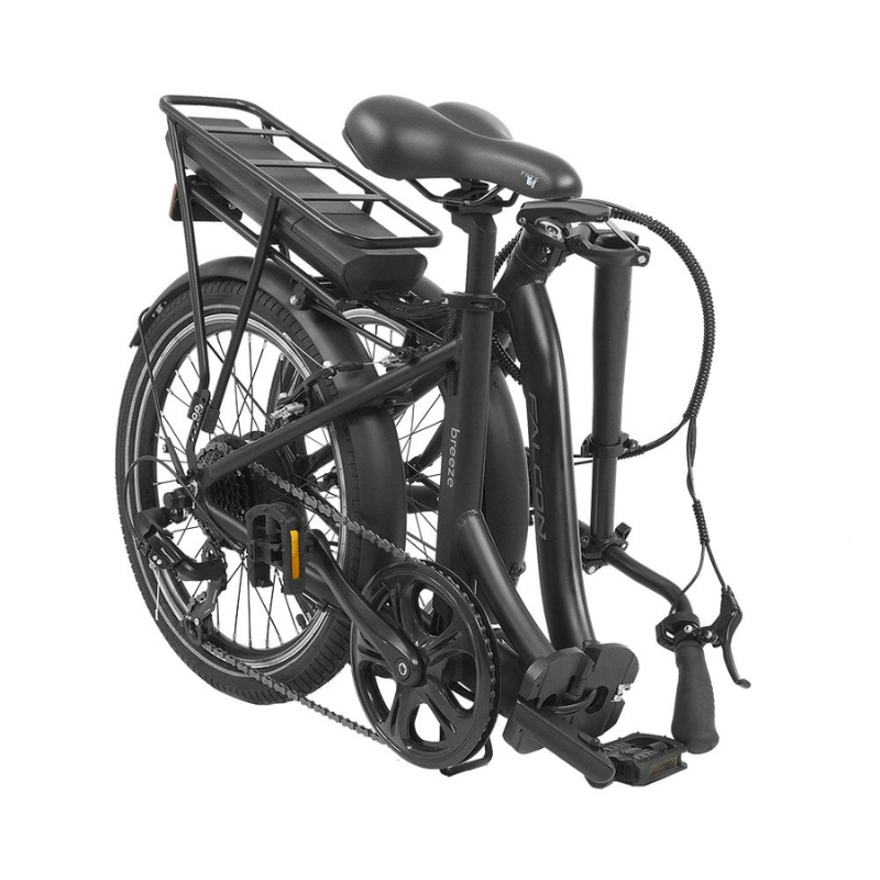 Black folding electric bike with a rear rack on a white background