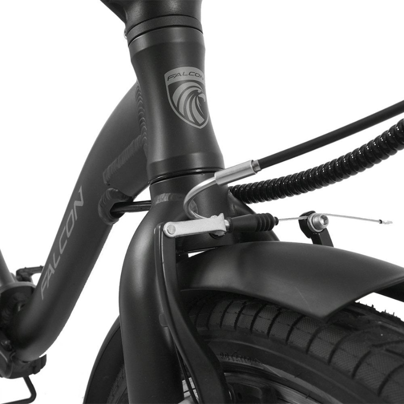 Close-up of a black bicycle with 'Falcon' branding on a white background