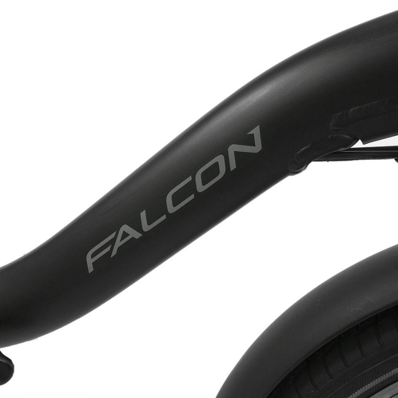 Close-up of a black bicycle handlebar with 'Falcon' branding on a white background