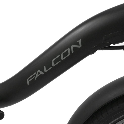 Close-up of a black bicycle handlebar with 'Falcon' branding on a white background