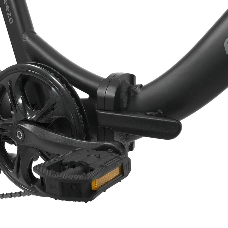 Close-up of a black Falcon Breeze e-bike frame and wheel on a white background