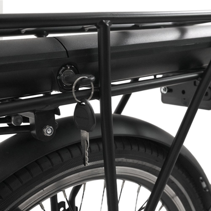 Falcon Breeze Close-up of a bicycle rack with a key attached to battery on a white background