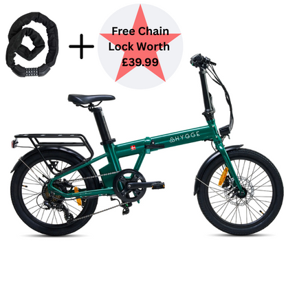 HYGGE VIRUM 2025 Lightweight Foldable Electric Bike - 36V Battery | Top Speed 15.5mph | 37mi Range | 250W Power | British Racing Green