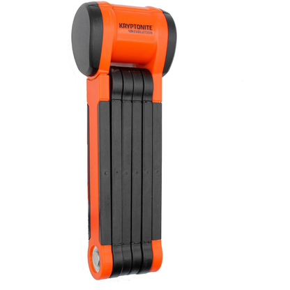 Kryptonite bike lock in orange and black folded on a white background