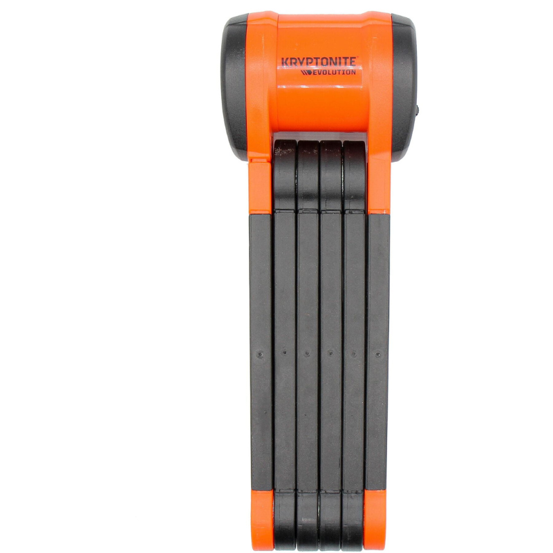Black and orange Kryptonite-Evolution-790-folding-lock folded, close up on a white background