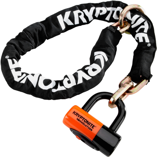 Kryptonite New York Cinch Evo bike lock chain and padlock on a white background
