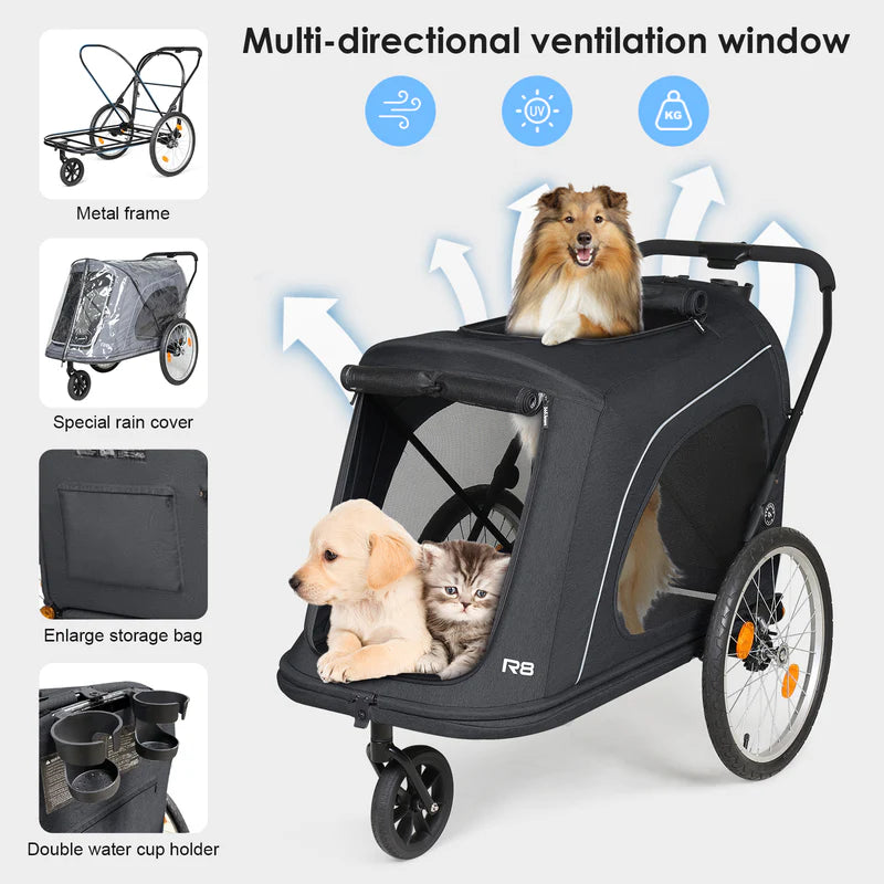 Beberoad R8 Large Dog Stroller & Bike Trailer – Foldable Pet Pushchair for Large Pets Non electric bikes only