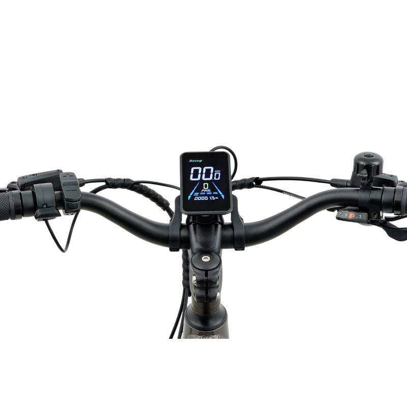 Revom U2 electric bike coloured display showing speed, battery level, and pedal assist settings