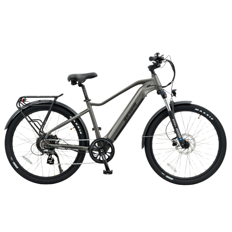 Revom U2 electric bike with aluminium frame, Shimano 7-speed gears and Maxxis tyres on urban road