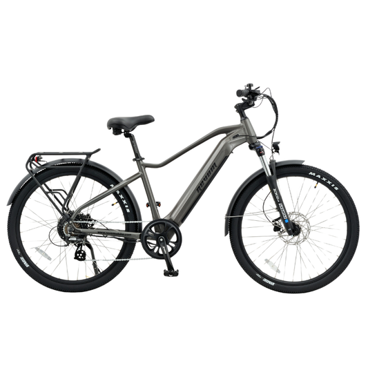 Revom U2 electric bike with aluminium frame, Shimano 7-speed gears and Maxxis tyres on urban road