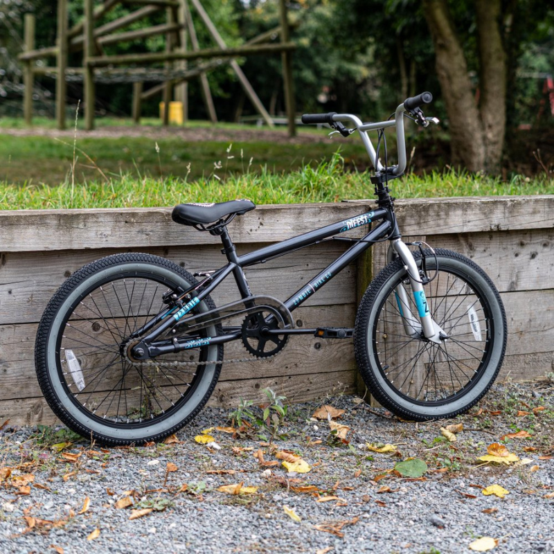 Black Zombie Infest BMX bicycle leaning against a wooden fence with grass and trees in the background