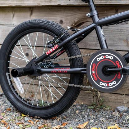 Black bicycle with red chain guard against a wooden background