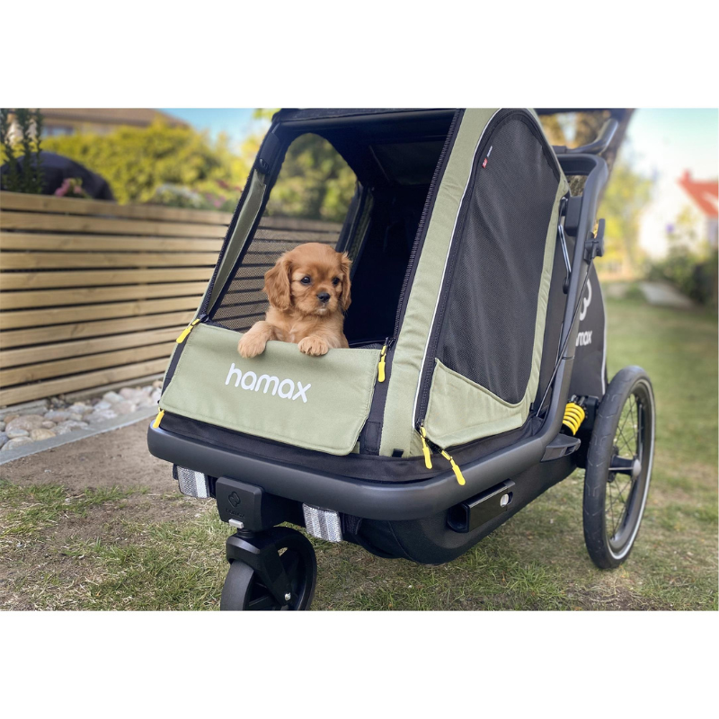 A small brown puppy sits in a hamax stroller cart outdoors on grass, with a wooden fence and garden background.
