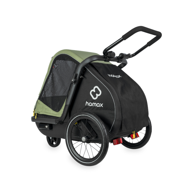 A Homax bicycle trailer with a black main body, olive green canopy, and black handlebar, shown from a three-quarters angle on a white background.