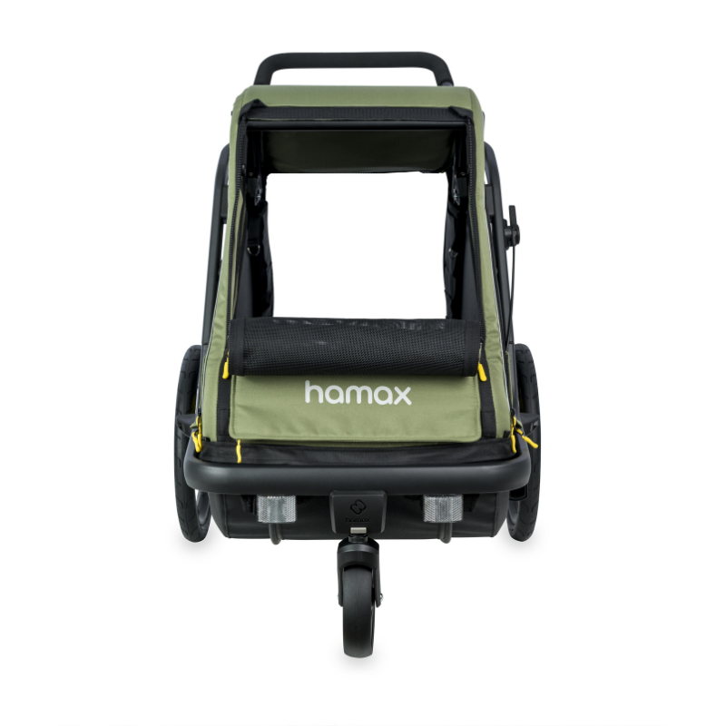 Hamax double pet stroller trailer in olive green and black, with shown from a rear three-quarter view on a white background.ront screen rolled down.