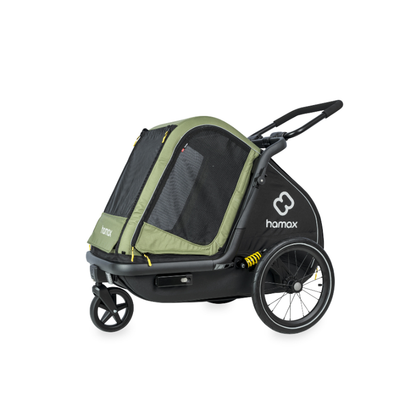 A Homax pet stroller in olive green and black, shown from a three-quarters angle on a solid white background. With screen up