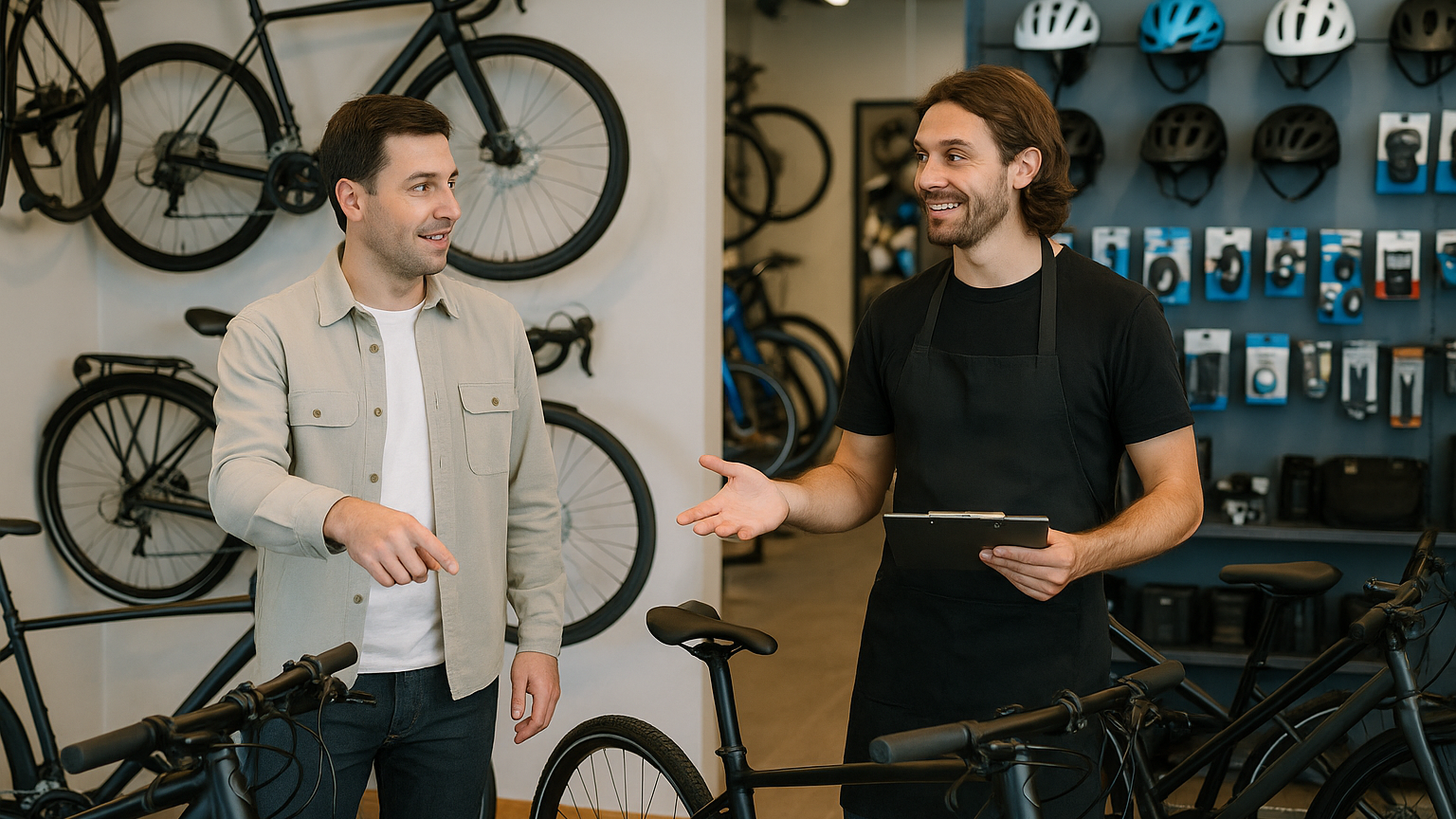 someone asking questions in bike shop