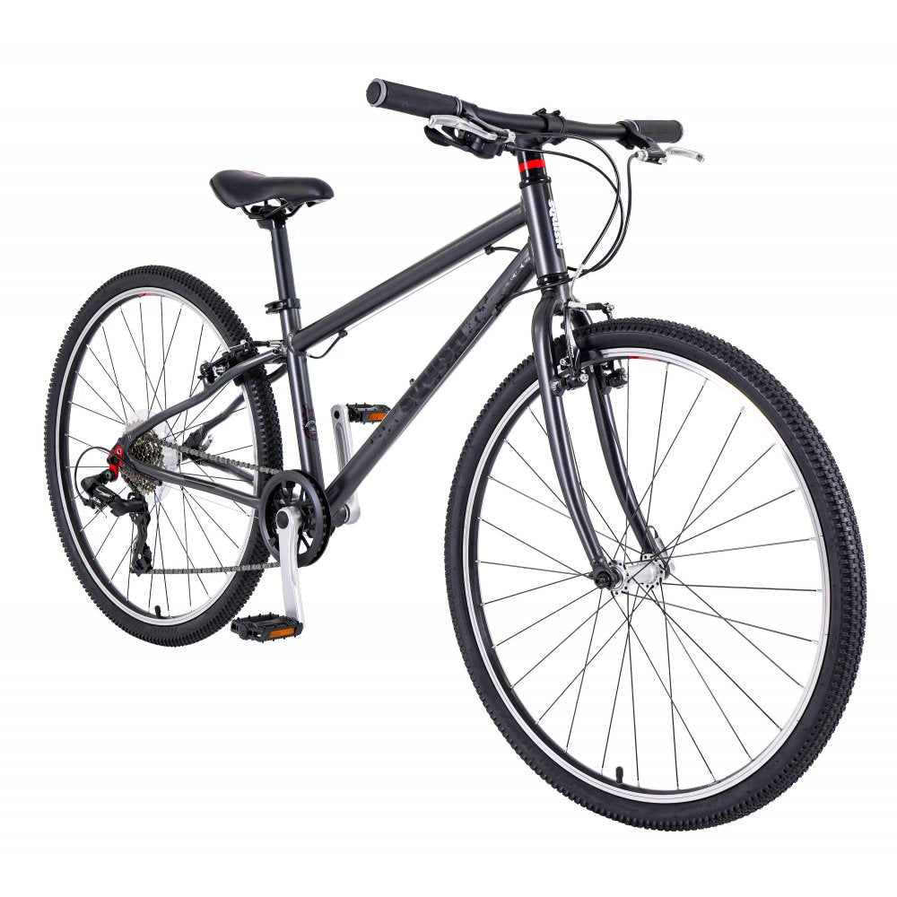 A grey Squish 26 kids bike designed for children aged 9 years and older, featuring a lightweight alloy frame, double-wall alloy rims, and Shimano 8-speed gears.